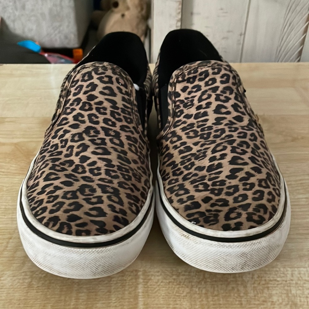 Womens cheetah Vans slip ons